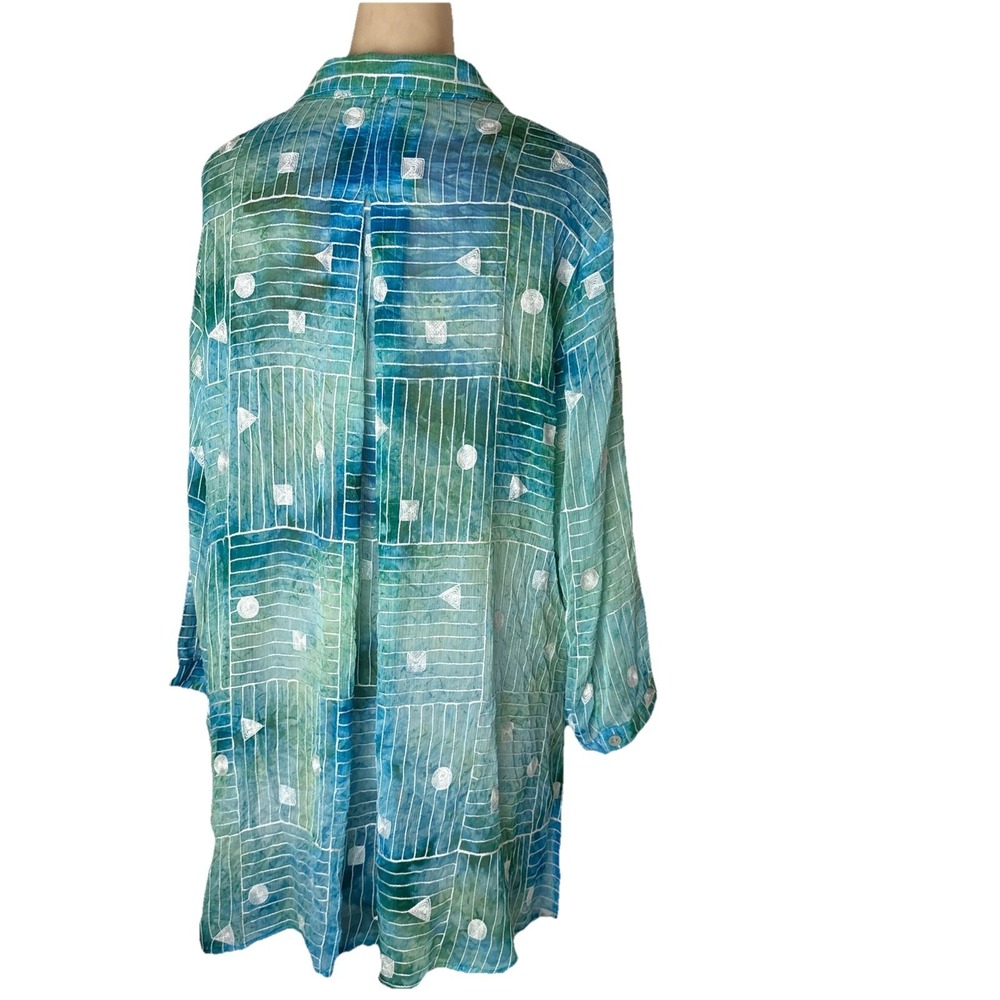 Ali Miles Women's Sz 1X Button up Tunic Top Green Blue Geometric Artsy sheer - Picture 6 of 11